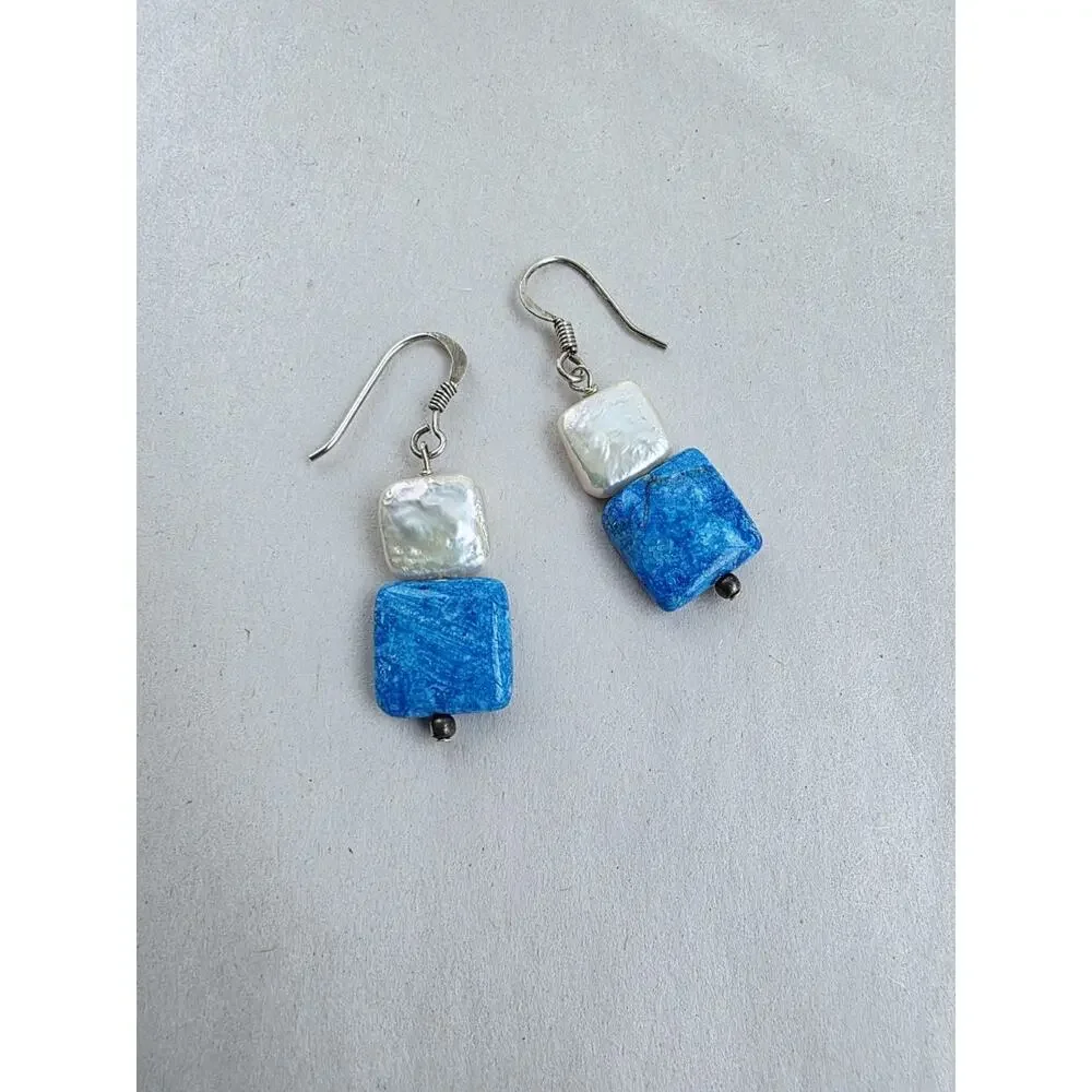 New Sterling Silver Dangle Earrings White Pearl Silver Blue Stone Stamped 925‎